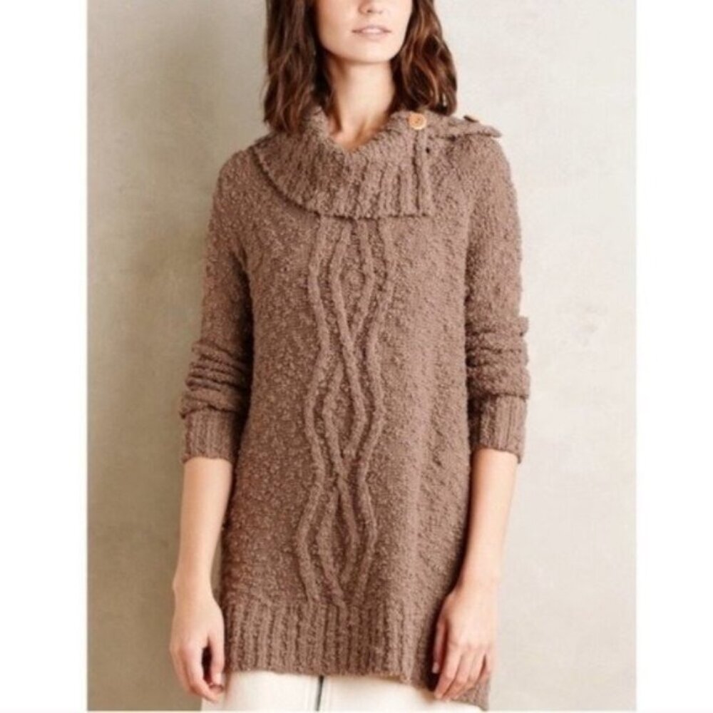 Anthropologie Moth Cable Knit Boucle Sweater Split Cowlneck Light Brown